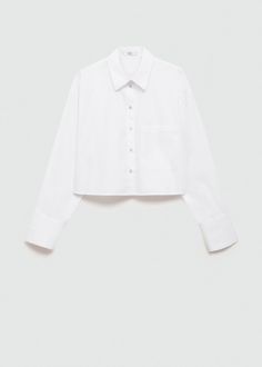 Cropped shirt with pocket - Woman | MANGO USA Classic Cropped Shirt With Pockets For Spring, Classic Cropped Button-up Shirt With Button Cuffs, Chic Cropped Shirt With Pockets For Work, Button-up Cropped Shirt With Pockets For Work, Long Sleeve Poplin Tops With Button Closure, Collared Poplin Tops With Button Closure, Chic Cropped Button-up Shirt With Pockets, Classic Collared Cropped Shirt With Pockets, Chic Button-up Cropped Shirt With Pockets