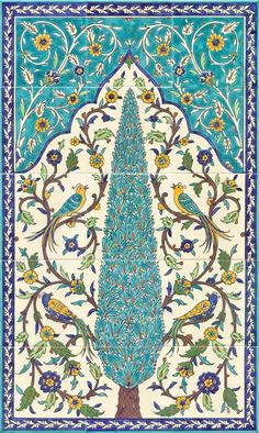 an intricately decorated tree with birds and flowers in blue, green, yellow and white