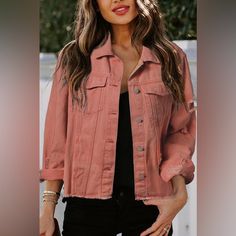 Nwt Rose Pink Distressed Denim Jean Jacket Ripped Relaxed Fit Outerwear For Fall, Chic Fall Denim Jacket With Frayed Hem, Chic Distressed Denim Jacket For Fall, Pink Washed Outerwear For Spring, Chic Spring Outerwear With Frayed Hem, Spring Pink Washed Outerwear, Pink Washed Long Sleeve Outerwear, Pink Denim Jacket With Pockets For Fall, Long Sleeve Washed Pink Outerwear