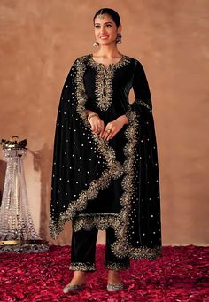 Black velvet pakistani suit 4100B Desc: Style : Pakistani Salwar Kameez Color : Black Fabric : Viscose Velvet Work : Embroidery Sequence Wash Care : Dry clean Sleeve Style : Quarter Sleeve Long Sleeves : Done only in Custom Stitch Sleeves Lining : Done only in Custom Stitch Bust Size : 32 to 42 Inches Occasion : Wedding Eid Mehendi Sangeet Reception Ceremonial Engagement. With Express Free Shipping Buy Indian Party wedding wear bridal Anarkali Salwar Black velvet pakistani suit 4100B online in U Pakistani Velvet Suits, Green Velvet Pants, Blue Velvet Pants, Blue Velvet Fabric, Trouser Suit, Salwar Kamiz, Velvet Suit, Embroidered Pants, Designer Salwar Suits