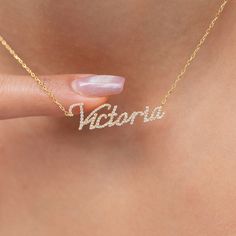 This 14k personalized diamond name necklace is the perfect gift for the bridal party, someone special, or yourself. How to order 1- Pick the fonts you like and send us a message 2- We will send you a picture of your name with the fonts you chose 3- If you like it any of them, place your order. 4- We send a final 3d mock up for approval. 5- Once approved we go ahead and finish your necklace. __________________________________________ M A T E R I A L & L E N G T H Available in 14k Yellow Gold, 14k Classic Personalized White Gold Diamond Necklace, Personalized Diamond Nameplate Jewelry, Elegant Initials Name Necklace For Anniversary, Diamond Nameplate Jewelry With Initials, Classic Diamond Name Necklace For Anniversary, Classic Diamond Initials Name Necklace, Classic 14k Gold Personalized Diamond Necklace, Customizable Yellow Gold Necklace For Wedding, 14k Gold Nameplate Necklace With Initials