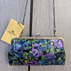 Deep Nature Blue With Floral Print Kiss Lock Closure With Crossbody Chain Italian Leather (Still Smells Like New Leather) Nwt Brand New With Tags In Beautiful Condition Approximate Measurements: 11"W X 6"H X 1.5”D With 19.5" Strap Drop Deep Nature, Lock Chain, Tooled Leather Purse, Metallic Purse, Leather Floral, Black Leather Crossbody Bag, Chain Crossbody Bag, Crossbody Wallet, Braided Leather