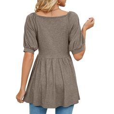 Light Coffee Solid Puff Sleeve V Neck Tunic Tops V Neck Tunic, Low Cut Dresses, Suspenders For Women, Cut Clothes, Pajama Dress, Suspender Skirt, Cotton Clothing, Ruffle Long Sleeve, Suspender Dress