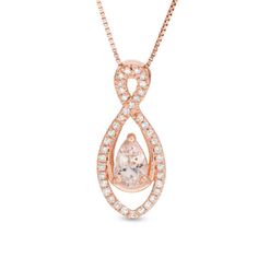 Desirable and dramatic, this gemstone and diamond infinity pendant is a treat for the eyes. Crafted in precious 10K rose gold, this luxurious look features an artful infinity symbol shape lined with sparkling diamonds. Nestled at the center in a sculpted polished ribbon, a 6.0 x 4.0mm pear-shaped soft-pink morganite completes this graceful design. Captivating with 1/8 ct. t.w. of diamonds and a brilliant buffed luster, this pendant suspends along an 18.0-inch box chain that secures with a spring Luxury Rose Gold Infinity Jewelry, Elegant Rose Gold Infinity Necklace, Rose Gold Infinity Jewelry With Diamond Accents, Elegant Infinity Gemstone Jewelry, Rose Gold Teardrop Pendant With Diamond Cut, Rose Gold Teardrop Pendant Fine Jewelry, Rose Gold Teardrop Pendant With Brilliant Cut, Infinity Symbol Tattoo, Infinity Tattoos