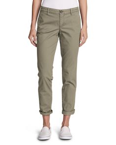 Renowned for their exceptionally soft texture and durability, these pants also offer the added comfort and superior fit of stretch, thanks to the cotton/spandex fabric that's naturally wrinkle-resistant. Trimmed leg openings create a more updated shape that's less baggy around the ankle, especially when rolled.NOTE: This style is available online and through catalog only. Green Khaki Pants Outfit Women Casual, Fitted Cotton Pants With 5-inch Inseam, Classic Non-stretch Cotton Bottoms, Comfortable Fitted Cotton Bottoms, Non-stretch Solid Cotton Cargo Pants, Non-stretch Cotton Cargo Pants, Versatile Stretch Tapered Leg Bottoms, Relaxed Fit Tapered Leg Elastane Bottoms, Classic Mid-rise Bottoms With Comfort Stretch