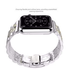 an apple watch is shown on a silver link bracelet with black face and white dial