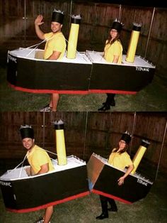 a woman in yellow shirt sitting on top of a black and white boat shaped like a submarine