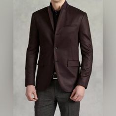 John Varvatos Collection Convertible Notch Lapel Knit Jacket Size Eu 52 Usa 42. Condition Is Brand New With Tags Attached. Fabric: 100% Wool Color Purple/Maroon Semi-formal Burgundy Outerwear For Fall, Burgundy Semi-formal Outerwear For Fall, Designer Business Casual Blazer For Winter, Burgundy Long Sleeve Semi-formal Outerwear, Designer Winter Semi-formal Sport Coat, Designer Semi-formal Sport Coat For Winter, Designer Semi-formal Winter Sport Coat, Purple Business Outerwear For Spring, Luxury Long Sleeve Outerwear For Layering