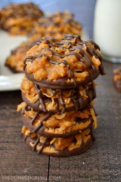 no bake samoo cookies girl scout copycat is on the table with milk