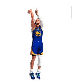 an animated basketball player in blue and yellow uniform with his arms up to the sky