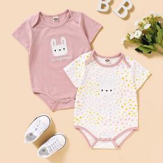 Baby Girls 2PCS Rabbit Star Printed Short Sleeve Rompers Baby Romper Wholesale - PrettyKid Fitted Pink Bodysuit With Cartoon Print, Casual Pink Onesie With Cartoon Print, Cute Pink Onesie With Cartoon Print, Cute Cartoon Print Bodysuit For Playwear, Pink Casual Bodysuit For Playwear, Pink Cartoon Print Bodysuit For Summer, Summer Pink Bodysuit With Cartoon Print, Casual Pink Cotton Bodysuit, Cute Bodysuit For Playwear