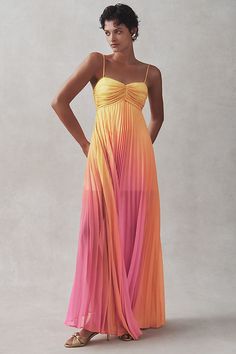 Like a beautiful sunset at the end of the day, the Delfi Collective Nicole Ombre Chiffon Maxi Dress is a true stunner. Delight in the sweetheart neckline, adjustable lace-up back, and diaphanous pleated A-line silhouette. | Nicole Ombre Chiffon Lace-Up Maxi Dress by Delfi Collective in Yellow, Women's, Size: Large, Polyester/Chiffon at Anthropologie Haute Couture, Ombre Maxi Dress, Dress Code Wedding, Guest Attire, Cute Prom Dresses, Wedding Attire Guest, Chiffon Maxi, Chiffon Maxi Dress, Hoco Dresses