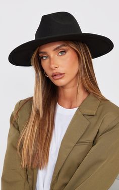 The Black Wide Brim Fedora Hat. Head online and shop this season's range of accessories at PrettyLittleThing. Express delivery available. Black Cowboy Hat, Chapeau Cowboy, Fedora Hat Women, Hat Accessories, Wide Brim Fedora, Front Tie Shirt