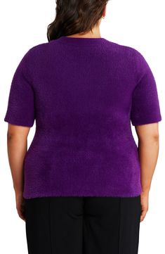 Softness and sophistication define this irresistible sweater designed with elbow-length sleeves and a fuzzy texture. 24" length (size 16W) Crewneck Elbow-length sleeves 70% nylon, 20% acrylic, 10% viscose Hand wash, dry flat Imported Short Sleeve Knit Top, Rib Knit Top, Purple Shorts, Latest T Shirt, Fuzzy Sweater, Sweaters And Leggings, Casual Blazer, Pink Tshirt, Knit Tees