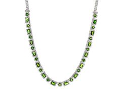 12.60ctw 4-6mm Mixed Shape Chrome Diopside With 1.1mm Round 4.50ctw White Zircon, Rhodium Over Sterling Silver Necklace. Measures approximately 0.29"W. Hidden box clasp with safety. Emerald Cut Peridot Jewelry For Formal Occasions, Emerald Cut Peridot Jewelry For Formal Events, Formal Peridot Jewelry For May Birthstone, Formal Emerald Cut Peridot Jewelry, Fine Jewelry Green Baguette Cut, Green Baguette Cut Fine Jewelry, Green Sterling Silver Jewelry With Baguette Cut, Green Jewelry With Gemstone Accents In Cubic Zirconia, White Gold Tsavorite Jewelry For May Birthstone