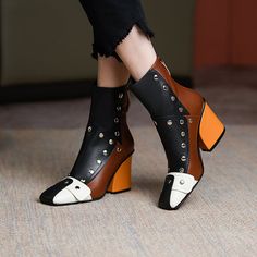 Multi Colored Heels, Rock Style Outfits, Heels Block, Modern Boots, Rock Style Clothing, Studded Ankle Boots, Genuine Leather Boots, Square Toe Boots, Punk Rock Fashion