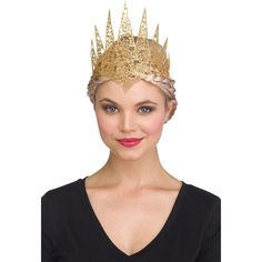 Put on this majestic crown and rule your kingdom with this Glitter Crown in gold. This flexible glitter crown features a golden lace material in high point spikes and a widow's peak base for a strong and regal look. Size: standard. Gender: female. Gold Crown Design Headpiece With Pinched Crown, Gold Costume Hats And Headpieces For Carnival, Gold Costume Hats And Headpieces For Halloween, Gold Fantasy Costume Hat With Tall Crown, Gold Fantasy Costume Hats And Headpieces For Halloween, Gold Tall Crown Fantasy Hat, Gold Crown Headpiece For Halloween, Gold Fantasy Costume Hat For Halloween, Fantasy Gold Costume Hats And Headpieces For Halloween