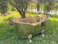 an old fashioned bathtub sitting in the grass next to a tree and shrubbery