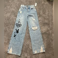 Wide Legged Light Blue Playboy Jeans From Pacsun. Multiple Buttons And Very Comfy And Cute. Size 24 With Tags Still On. Never Worn. Light Blue Ripped Jeans, Jeans Pacsun, Blue Ripped Jeans, Pacsun Jeans, Jeans Color, Ripped Jeans, Colored Jeans, Pacsun, Flare Jeans