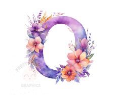 the letter o is painted with watercolor and has flowers on it's side