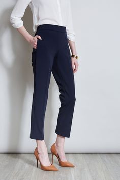 Sleek & timeless, this Slim Fit Ankle Pant is perfect for dressing up with its matching Single Button Blazer or pairing with Spring 's new knits and shirts. Featuring a slim leg & a pull on elastic back waistband, you will love the look & feel of these essential pants. T-Tahari Slim Fit Pant with Elastic Back Waistband Runs True to size Model is 5 '9 " and wearing a size S Imported Style #: THF17000A Essential Pants, Single Button Blazer, Slim Fit Pants, Slim Leg, Blazer Buttons, Pair Of Pants, Ankle Pants, Pull On Pants, Slim Legs