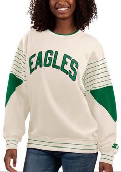 Main image for Starter Philadelphia Eagles Womens White On the Ball Crew Sweatshirt. Philadelphia Eagles Women Clothing, White College Style Tops With Ribbed Cuffs, White Varsity Top With Ribbed Cuffs, Sporty White Tops With Striped Cuffs, Sporty Tops With Striped Cuffs For Fall, Long Sleeve Tops With Ribbed Cuffs For Campus, Sporty Long Sleeve Ribbed Sweatshirt, Sporty Ribbed Long Sleeve Sweatshirt, Casual Crew Neck Sweatshirt With Striped Cuffs