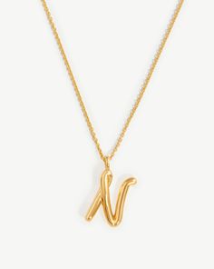 Curly Molten Initial Pendant Necklace - Initial N | 18ct Gold Plated Vermeil. Spell It Out. On a Delicate Trace Chain, this Unique Initial Pendant Necklace Features Your Chosen Letter in a Bespoke Hand-Drawn Font. A Versatile Layering Piece, Keep It for Yourself or Give as the Ultimate Personalized Gift. Metal: 18Ct Gold Plated Vermeil on Recycled Sterling Silver Dimensions: 16 mm X 17. 4mm Chain Length: 500mm with Extensions from 460mm - 500mm Weight: 6. 8g this Piece is Handcrafted with Recycl Initial N, Double Chain Necklace, Monogram Pendant, Font A, Initial Pendant Necklace, Monogrammed Items, Star Studs, Gold Price, Initial Pendant