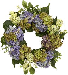 a wreath with purple and green flowers on it