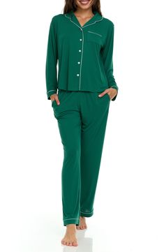 A matching pajama set crafted from a luxurious satiny knit ensures even your bedtime wardrobe is chic! 29" inseam (size Small) Two-piece set Top has front button closure 62% polyester, 33% rayon, 5% spandex Machine wash, tumble dry Imported Model stats: 5'10" height, 32" bust, 25" waist, 36" hip. Model is wearing size Small. Green Pajamas, Soft Pjs, Flora Nikrooz, Pajama Sets, Lounge Sets, Pajama Set, Pajamas, Elastic, Long Sleeve