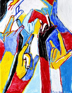 an abstract painting of two people with one holding a cell phone and the other looking at something