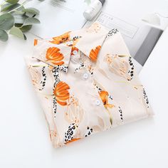 Women's Shirt Waterdrop Yellow Floral Pattern Long Sleeve Light Weight Chiffon Shirt White Tops With Floral Print And Collared Neckline, White Floral Print Tops With Collared Neckline, White Floral Print Top With Collared Neckline, Spring Workwear Blouse With Casual Collar, Chic Orange Collared Blouse, Orange Collared Summer Blouse, Chic Orange Summer Shirt, Summer Floral Print Collared Top, Orange Floral Print Collared Shirt