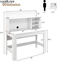 a white desk and shelf with measurements for the top, bottom and bottom shelves on each side