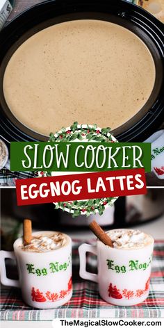 two mugs filled with eggnog latte next to a slow cooker