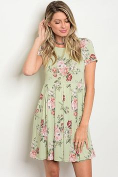 This darling sage floral dress is made for spring/summer days and walks through the park! The material is lightweight and soft, with a little bit of stretch for the perfect fit! This dress also has pockets on each side and cute short sleeves! Just add sandals for a day of fun! 95% Polyester, 5% Spandex Smooth, stretchy jersey material Length on longest point of the hem 34" Short Sleeves Made in USA Size Chart: Size Numeric size Bust Waist Hip S 4-6 32”-34" 28”-30" 36”-38" M 8-10 34”-36" 30”-32" Short Sleeve Sage Summer Dresses, Sage Short Sleeve Summer Dress, Summer Short Sleeve Sage Dress, Cute Short Sleeve Floral Dress For Garden Party, Sage Dresses For Summer Beach, Cute Flowy Floral Dress For Spring, Flowy Casual Cotton Floral Dress, Green Floral Short Sleeve Dress For Summer, Casual Knee-length Floral Dress With Ditsy Print