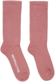 Pair of calf-high knit and rib-knit stretch cotton-blend socks in pink. Jacquard text at soles. Supplier color: Thulian/Milk Mid Calf Socks, Glitter Socks, Chain Strap Bag, Oversized Tote Bag, Oversized Tote, Floral Shoes, Mens Scarves, Calf Socks, Moto Boots