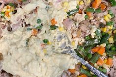 a plate filled with rice, meat and vegetables next to a serving utensil