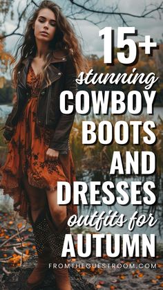 a woman wears cowboy boots and dress for autumn, western outfits Cowgirl Boots Outfit Fall, Women Western Outfits, Cowboy Outfits For Women, Dress And Cowboy Boots Outfit, Short Cowboy Boots Outfit, Red Cowboy Boots Outfit, Cowboy Boots Women Outfits