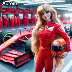 a woman in a red racing suit holding a helmet