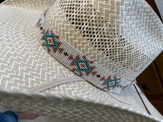 "1 1/8\" wide All bead work is beaded with 10lb extreme braided nylon line. All hat bands are finished at 23\" with glued than sewed down leather ends and an adjustable leather tie." Hat Band Beaded, Beaded Hats Native American Patterns, Beaded Hat Brim Patterns, Beaded Hat Band Patterns, Aztec Hat, Beaded Hats, Native Patterns, Cream Hat, Cowboy Hat Bands