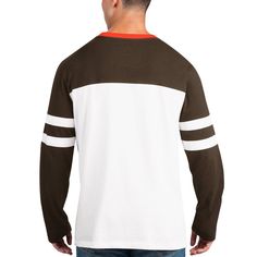 Make a spirited upgrade to your collection of Cleveland Browns gear with this Halftime T-shirt by Starter. It features the team wordmark on satin fabric above an oversized Cleveland Browns logo so that your enthusiasm stands out in a major way. The classic crew design gives this striking top a casual feel.Make a spirited upgrade to your collection of Cleveland Browns gear with this Halftime T-shirt by Starter. It features the team wordmark on satin fabric above an oversized Cleveland Browns logo Cleveland Browns Logo, Browns Fans, Browning Logo, Fabric Applique, Embroidered Fabric, Cleveland Browns, Satin Fabric, Cleveland, Long Sleeve T Shirt