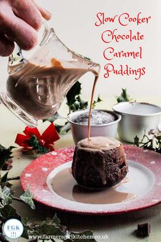 someone pouring chocolate caramel pudding into a plate