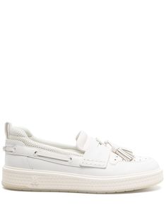 white calf leather panelled design pull-tab at the heel logo lettering tassel detail appliqué logo perforated toebox round toe flat rubber sole embossed monogram pattern slip-on style Mens White Loafers, White Loafers, Monogram Pattern, Loafer Sneakers, Tassel Loafers, Leather Tassel, Pull Tab, Panel Design, Leather Loafers