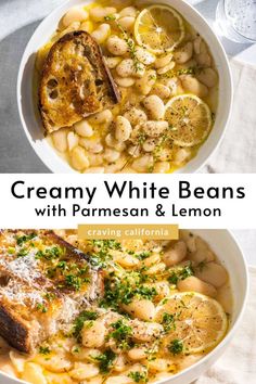 Two white bowls filled with beans, lemon slices, fresh thyme and grilled bread. Garlic White Beans, Creamy Lemon And Herb Beans, Stewed White Beans, White Bean Skillet Recipes, Creamy White Beans With Herb Oil, White Bean Bowl, Brothy White Beans, Garlic Parmesan White Beans, Greek White Beans