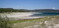 an empty beach with blue water and trees