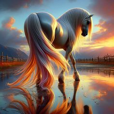 a painting of a white horse standing on its hind legs in the water at sunset