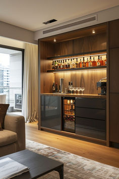 a living room filled with furniture and lots of bottles on top of the shelves next to a window