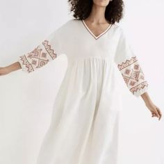 Madewell White Medium Weight Bohemian,Peasant, Hippie Vibe Embroidered Red Design, Balloon Sleeves,No Stretch Midi Summer Vacation Beach Dress..Size Medium Somewhat Oversized ...Unlined..Nwt Ptp 22' Inch Length 45' Inch White Peasant Embroidered Long Sleeve Dress, White Long Sleeve Peasant Embroidered Dress, White Peasant V-neck Dress, White Peasant Embroidered Dress, White Peasant Dress With Embroidered Hem, White Embroidered Holiday Dress, White Embroidered Dress For Holidays, White Embroidered Midi Dress For Vacation, White Embroidered V-neck Boho Dress