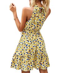 Yellow Sleeveless Halter Floral Dress with Belt Yellow Sleeveless Halter Dress For Summer, Yellow Sleeveless Halter Dress For Spring, Yellow Sleeveless Halter Sundress, Yellow Sleeveless Sundress Mini Dress, Flowy Sleeveless Halter Neck Dress For Spring, Yellow Halter Neck Sleeveless Dress For Spring, Chic Yellow Halter Neck Sleeveless Dress, Yellow Halter Neck Sleeveless Sundress, Yellow Halter Neck Sleeveless Dress For Vacation