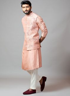 Nehru jacket with hand embroidery using silver dabka and resham work, comes with plain kurta and pant pajama Composition: Nehru- Raw Silk, Kurta- Bam Silk & Pant pajama- Malai Cotton Delivery : 4 weeks as the product is hand crafted. Check Size Guide or choose MySize for free customisation (All Sizes above XL can be made at 15% additional cost) For more information and sizes please contact fabiliciousfashion@gmail.com or visit our Copenhagen studio. About the Designer : Smriti is renowned for it Plain Kurta, Nehru Jacket For Men, Onion Pink, Kurta Set For Men, Cotton Pajama Pants, Resham Work, Latest Bridal Dresses, Men's Ethnic Wear, Nehru Jacket