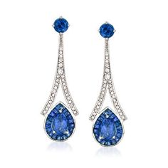 Ross-Simons - 3.70ct t.w. Sapphire, .36ct t.w. Diamond Drop Earrings in 14kt White Gold. Breathtaking and dramatic, our gorgeous drop earrings do not disappoint. In 14kt white gold, 2.80 ct. t.w. baguette and pear-shaped sapphires are clutched by .36 ct. t.w. round brilliant-cut diamonds, and topped with .90 ct. t.w. sapphire rounds. The unique design and impressive hanging length of 1 3/8" adds to their opulent elegance. Post/clutch, diamond and sapphire drop earrings. Sapphire birthstones are Sapphire Drop Earrings, Earrings Sapphire, Sapphire Birthstone, Bath And Body Works Perfume, Fine Jewelery, Sapphire Color, Diamond Drop Earrings, Station Necklace, Diamond Drops